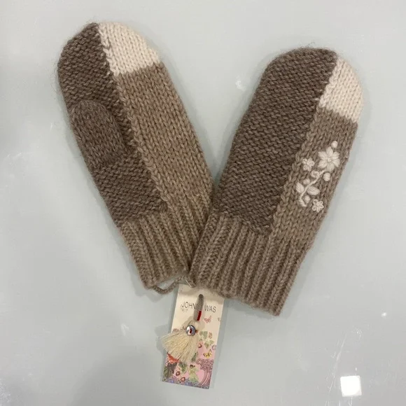 Johnny Was Patchwork Gloves Mittens Floral Embroidery Tan Brown Gray - Picture 5 of 7